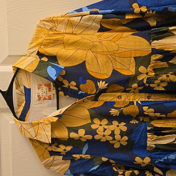 Sezane Hilma Long Sleeve Floral Dress - Blue and Yellow -Sezane X Farm Rio